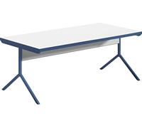Bureau moderne avec surface blanche base métallique bleue design élégant
