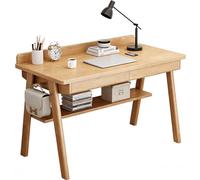 Bureau moderne en chêne massif style milieu du siècle - Bureau d'ordinateur pour bureau à domicile avec 2 tiroirs et une étagère de rangement, petite table d'étude pour chambre (bois naturel, 120 cm)