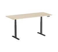 Bureau motorisé assis-debout 180x75cm, Plateau bois naturel à bords arrondis/Pied noir