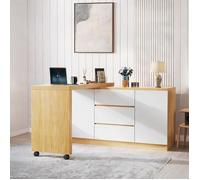 Bureau multifonction pliable 120 cm avec rangements, plateau rotatif 360° et roulettes, blanc et chêne