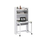 Bureau mural pliable table murale rabattable suspendue sur pied avec bibliothèque 3 étagères MDF blanc