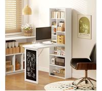 Bureau Mural Pliable Table Murale Rabattable Suspendue sur Pied avec bibliothèque Tableau à Craie intégré Panneaux Particules Blanc