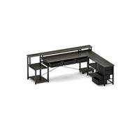 Bureau,OMOZUN Bureau d'angle en L, avec tiroirs, prises électriques et ports USB, support pour écran, éclairage LED, réversible, dimensions 200 × 146