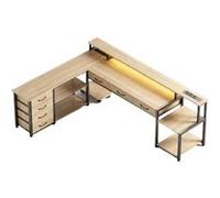 Bureau,OMOZUN,Bureau d'angle en L,avec tiroirs,prises électriques et ports USB,support pour écran,éclairage LED,réversible,dimensions 200 × 146 cm,beige beige
