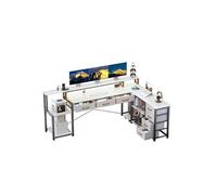 Bureau,OMOZUN Bureau d'angle en L, avec tiroirs, prises électriques et ports USB, support pour écran, éclairage LED, réversible, dimensions 200 × 146