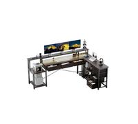 Bureau,OMOZUN Bureau d'angle en L, avec tiroirs, prises électriques et ports USB, support pour écran, éclairage LED, réversible, dimensions 200 × 146