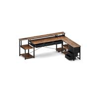 Bureau,OMOZUN Bureau d'angle en L, avec tiroirs, prises électriques et ports USB, support pour écran, éclairage LED, réversible, dimensions 200 × 146