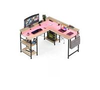 Bureau,OMOZUN Bureau d'angle en L beige,utilisable des deux côtés,équipé de prises électriques et d'une bande lumineuse LED,d'un support pour écran