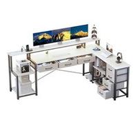 Bureau,OMOZUN,bureau d'angle en L blanc,dimensions 200 × 146 cm,équipé de tiroirs,de prises électriques et de ports USB,utilisable des deux côtés blanc