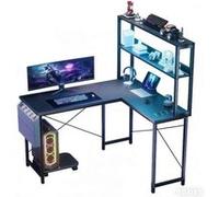 Bureau,OMOZUN,bureau de jeu en L de 148 cm,bureau d'angle pour ordinateur/bureau,avec éclairage LED et ports USB,avec étagères et espaces de rangement,noir noir