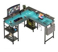 Bureau,OMOZUN Bureau en L, 140 x 140 x 85 cm, bureau d'angle réversible pour ordinateur, avec prise électrique et bande LED, bureau gaming avec support pour écran et compartiments de rangement, bureau