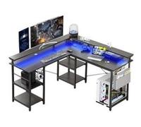 Bureau,OMOZUN Bureau en L, 140 x 140 x 85 cm, bureau d'angle réversible pour ordinateur, avec prise électrique et bande LED, bureau gaming avec support pour écran et compartiments de rangement, grand 