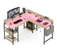 Bureau,OMOZUN Bureau en L, 140 x 140 x 85 cm, bureau d'angle réversible pour ordinateur, avec prise électrique et bande LED, bureau gaming avec support pour écran et compartiments de rangement, bureau