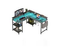 Bureau,OMOZUN Table d'angle en L gris foncé, utilisable des deux côtés,avec prise électrique et bande lumineuse LED,équipée d'un support pour écran