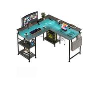 Bureau,OMOZUN Table d'angle en L noire,réversible, équipée de prises électriques et d'une bande lumineuse LED,avec support pour écran et compartiment