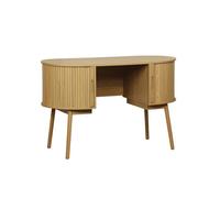 Bureau ovale décor bois rainuré avec deux espaces de rangement. L 120 x P 55 x H 77 cm
