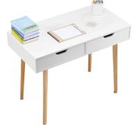 Bureau - Petite table de travail avec 2 tiroirs - Rectangulaire - Avec étagère - MDF - Pour bureau à domicile/chambre à coucher - Blanc/aspect bois