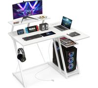 Bureau - Petite table pour PC - Avec support pour écran - Crochet pour casque - Compartiment de rangement - Support pour unité centrale - Bois - Rectangulaire
