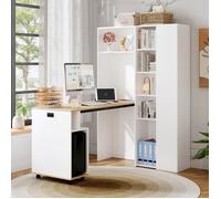 Bureau pliable 104.5x30.5x160 cm avec bibliothèque intégrée, prises USB, étagères réglables , bureau d’angle, MDF, chêne blanc