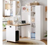 Bureau pliable 2-en-1 avec bibliothèque intégrée, prise EU et ports USB, MDF blanc décor bois, 104,5x30,5x160 cm