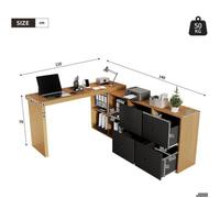 Bureau Pliable mobile 260x48x78cm table d'angle plateau tournant 360° 4 tiroirs pose flexible