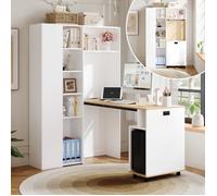 Bureau pliant 2 en 1 avec étagères réglables prise USB et bloc anti-basculement bureau d'angle blanc gain de place 104,5x30,5x160cm