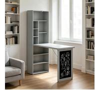 Bureau pliant avec bibliothèque et tableau noir, 9 casiers, 98x51x153 cm, MDF/pin, gris foncé/noir, anti-bascule