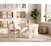 Bureau pour enfant avec chaise et tiroir | Chêne Artisan | Autocollants décoratifs inclus | Ensemble peu encombrant pour chambre d'enfant, motif lapin, pour une petite fille
