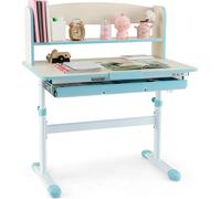 Bureau pour enfant - Bureau pour écolier - Réglable en hauteur - Plateau inclinable - Tablette et tiroir - Structure en bois et pièces en plastique - Bleu