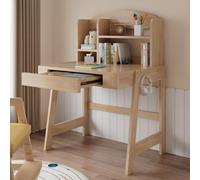 Bureau pour enfant Flieks : table pour enfant avec tiroir et crochets, table réglable en hauteur avec étagères, 60 x 80 cm, finition naturelle