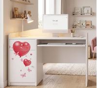 Bureau pour enfant « Happy B04 » blanc | Bureau pour adolescent avec tablette pour clavier et espace de rangement | Élégant bureau d'étude pour chambre d'enfant, ours en peluche