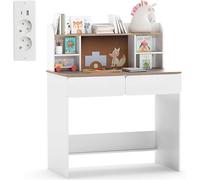 Bureau pour enfants avec station de recharge, bureau pour enfants en bois, bureau pour étudiants avec tableau blanc, 2 tiroirs et étagères réglables, bureau pour adolescents à partir de 6 ans