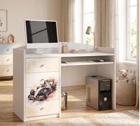 Bureau pour enfants, bureau pour étudiants, blanc, avec 4 tiroirs. Grand bureau d'étude pour filles et garçons, avec un design attrayant et un motif décoratif