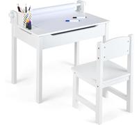 Bureau pour enfants COSTWAY avec chaise, ensemble enfant comprenant un bureau, un support pour rouleaux de papier et des marqueurs, bureau pour enfants à partir de 3 ans, blanc