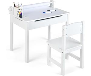 Bureau pour enfants COSTWAY avec chaise, ensemble enfant comprenant un bureau, un support pour rouleaux de papier et des marqueurs, bureau pour enfants à partir de 3 ans, blanc