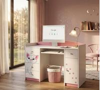 Bureau pour enfants Happy Babies 125x89x60 Bureau PC pour chambre d'enfant avec repose-clavier Bureau d'ordinateur décoratif blanc Motif rose Chaton