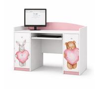 Bureau pour enfants Happy Babies 125x89x60 Bureau pour PC pour chambre d'enfant avec repose-clavier Bureau d'ordinateur décoratif blanc Rose / Cœurs, animaux
