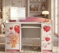 Bureau pour enfants Happy Babies 125x89x60 Petit bureau de travail, bureau rose avec repose-clavier Meubles pour enfants avec tiroirs Enfants, cœurs,