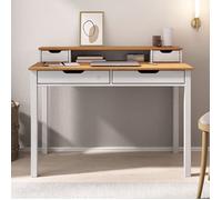 IDIMEX Bureau Raul L 114 cm en Bois Massif Coloris Blanc et chêne avec Quatre tiroirs et Une Niche de Rangement réhausse écran intégrée idéal pour Petit Espace et Bureau à Domicile