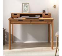 Bureau RAUL L 114 cm en bois massif coloris chêne avec quatre tiroirs et une niche réhausse écran intégrée