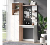 bureau secrétaire avec étagères et placard, blanc et décor bois, 123,5 x 45 x 168,5 cm, rangement intégré Grjofek