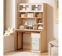 Bureau secrétaire avec rangement, étagère et portes en acrylique, naturel et blanc, MDF, 110 x 55 x 180 cm