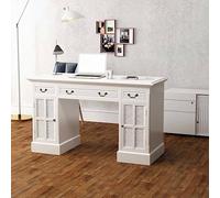 Bureau secrétaire blanc 140 x 48 x 80 cm | 3 tiroirs, 2 placards, MDF et pin pour bureau