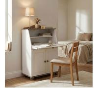 IDIMEX Bureau secrétaire David avec abattant Rangement Plusieurs étagères 2 Portes et Plan de Travail Rabattable, en pin Massif lasuré Taupe et Blanc