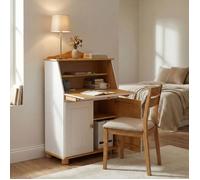 Bureau secrétaire DAVID avec abattant rangement plusieurs étagères 2 portes plan de travail rabattable, en pin massif blanc et brun