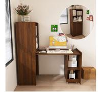 Bureau secrétaire extensible avec meuble de rangement MDF noyer foncé étagères réglables et roulettes Grjofek