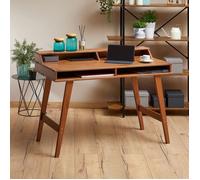 Bureau secrétaire LUNA avec niches 110 x 84 x 54 cm, En bois de pin massif, Rangement élégant et compact, Petit bureau, Brun foncé