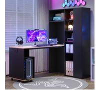 Bureau secrétaire pliable EVRYAE avec bibliothèque intégrée, prise EU et ports USB, MDF noir et bois