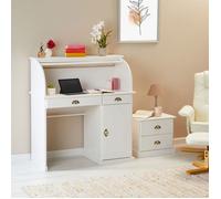 Bureau secrétaire TOM avec volet roulant rangement 2 tiroirs et 1 porte avec étagère, en pin massif lasuré blanc