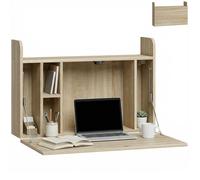 HOMCOM Bureau Suspendu Bureau Mural avec Rangements 77 x 20 x 51 cm Chêne | Table d'Ordinateur Murale, Tablette Rabattable